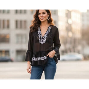 Walter Baker Black Embroidered Boho Blouse Bell Sleeve Sheer Top Size S M